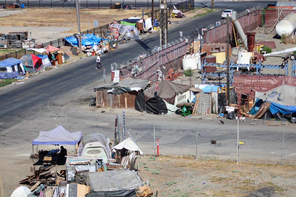 An overhead view of the homeless encampment near St. Mary's Dining Room on Sonora Street in Stockton on Friday, Sept. 8, 2023.