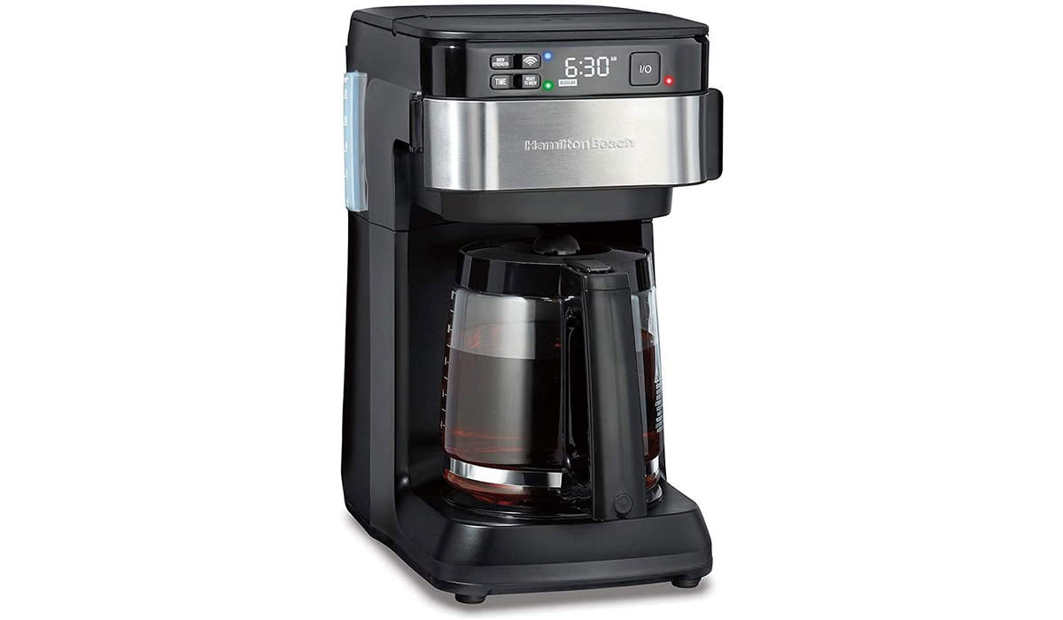 A black and stainless steel coffee maker