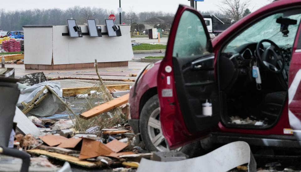 A Taco Bell is leveled after a severe storm Friday, March 15, 2024, in Winchester.