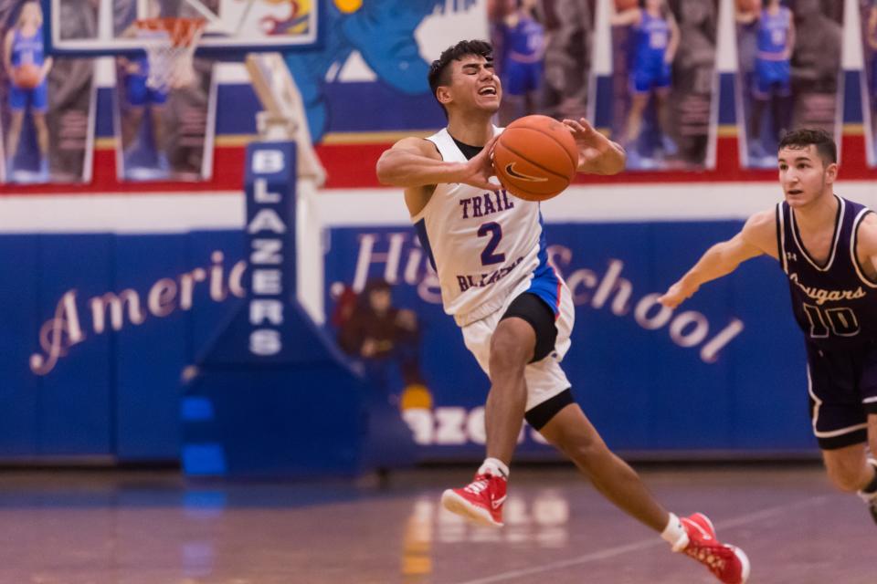 Americas Jordan Hernandez (2) at a boys basketball game against Franklin High School Tuesday, Jan. 11, 2022, at Americas High School in El Paso, TX.