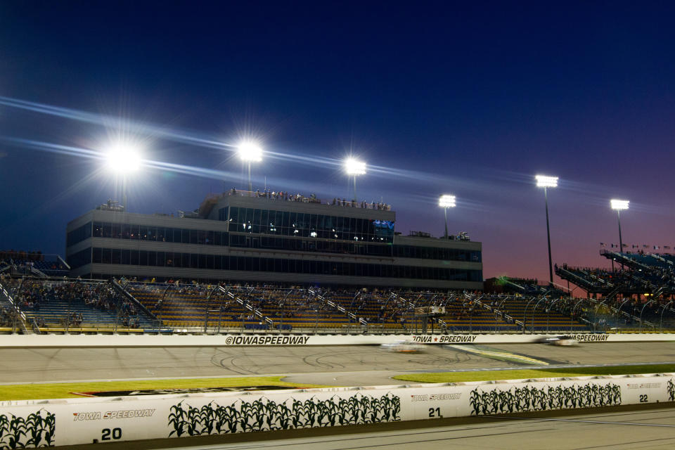 NEWTON, IA - JULY 26: Cars blur by on the front stretch as night falls during the NASCAR K&N Pro Series Casey's General Store 150 on July 26, 2019, at Iowa Speedway in Newton, Iowa. (Photo by Kyle Ocker/Icon Sportswire via Getty Images)