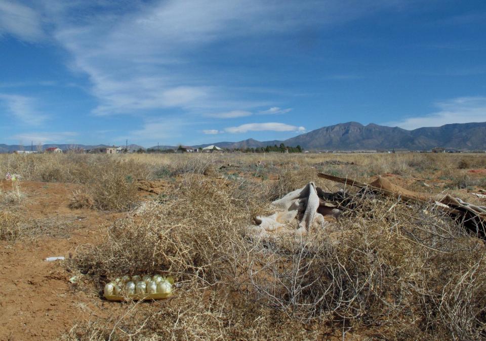 Debris is seen in an abandoned lot south of Albuquerque, N.M., on Wednesday, Feb. 19, 2014, where authorities say the body of a 12-year-old boy was discovered. Valencia County Sheriff Louis Burkhard said the body of Alex Madrid of Albuquerque, N.M., was found in the field Tuesday after his parents reported him missing. The 15-year-old taken into custody in connection to Madrid’s death has been identified as Brandon Villalobos. (AP Photo/Russell Contreras)