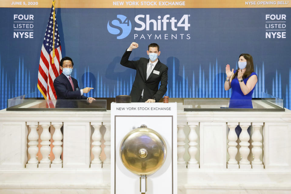 IMAGE DISTRIBUTED FOR THE NEW YORK STOCK EXCHANGE - Shift4 Payments, Inc. (NYSE: FOUR) rings The Opening Bell on Friday, June 5, 2020, in New York. The New York Stock Exchange welcomes Shift4 Payments, Inc. (NYSE: FOUR) in celebration of its IPO. To honor the occasion, Jared Isaacman, Chief Executive Officer, Christopher Cruz, Managing Director, Searchlight Capital, and Stacey Cunningham, NYSE President, ring the NYSE Opening Bell. (New York Stock Exchange via AP Images)