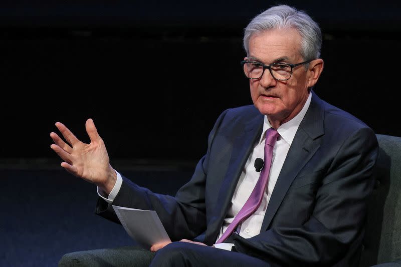 FILE PHOTO: Federal Reserve Chairman Jerome Powell speaks during a meeting of the Economic Club of New York in New York