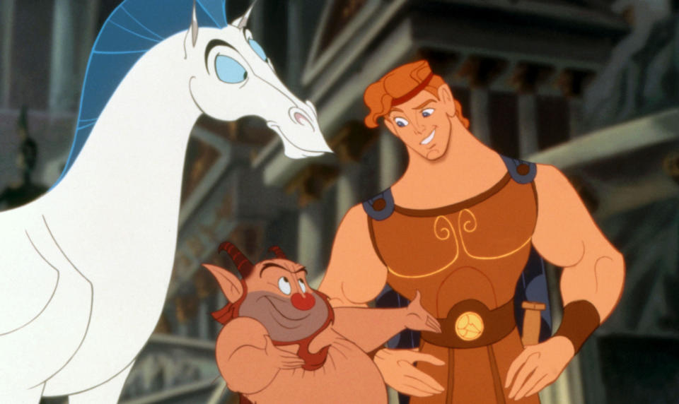 Pegasus, Philoctetes and Hercules in a scene from Hercules