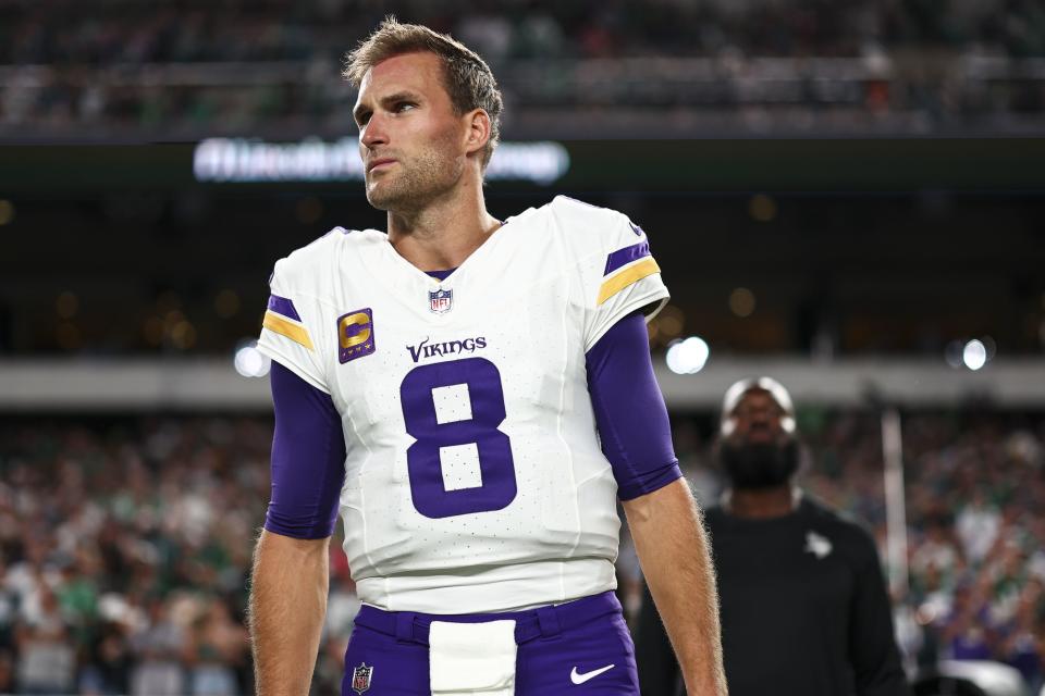 PHILADELPHIA, PA - SEPTEMBER 14: Kirk Cousins #8 of the Minnesota Vikings stands on the sidelines during the national anthem prior to an NFL football game against the Philadelphia Eagles at Lincoln Financial Field on September 14, 2023 in Philadelphia, Pennsylvania. (Photo by Kevin Sabitus/Getty Images)