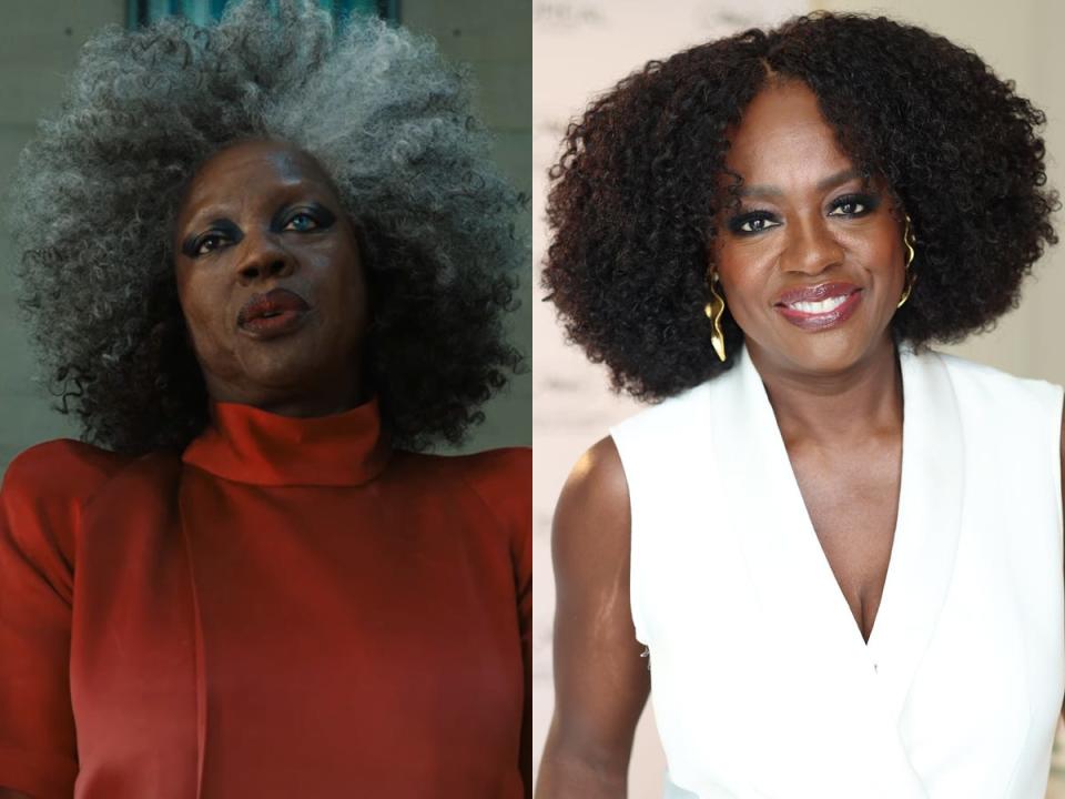 Side by side of Viola Davis in "The Hunger Games" prequel and real life.