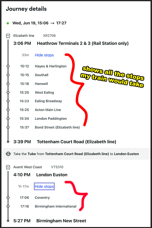 Journey details: Elizabeth line from Heathrow Terminals 2 & 3 at 3:06 PM, arriving at Tottenham Court Road at 3:39 PM. Tube to Euston, then Avanti West Coast to Birmingham