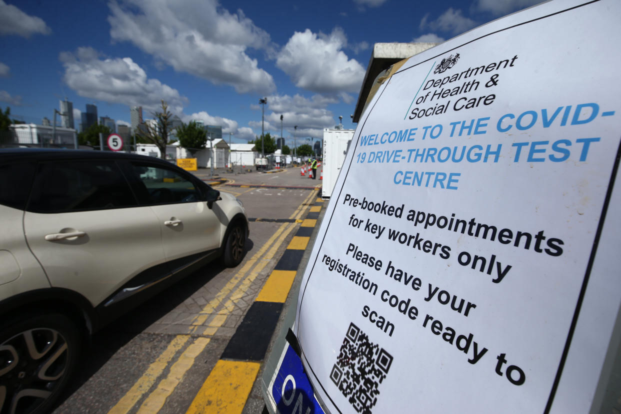 A Covid-19 drive-through test centre in Greenwich, London. PA Photo. Picture date: Saturday May 2, 2020. See PA story HEALTH Coronavirus. Photo credit should read: Yui Mok/PA Wire