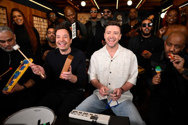 THE TONIGHT SHOW STARRING JIMMY FALLON --Host Jimmy Fallon and singer-songwriter Justin Timberlake with the Roots during "Classroom Instruments" on 'The Tonight Show.'  - Credit: Todd Owyoung/NBC via Getty Image