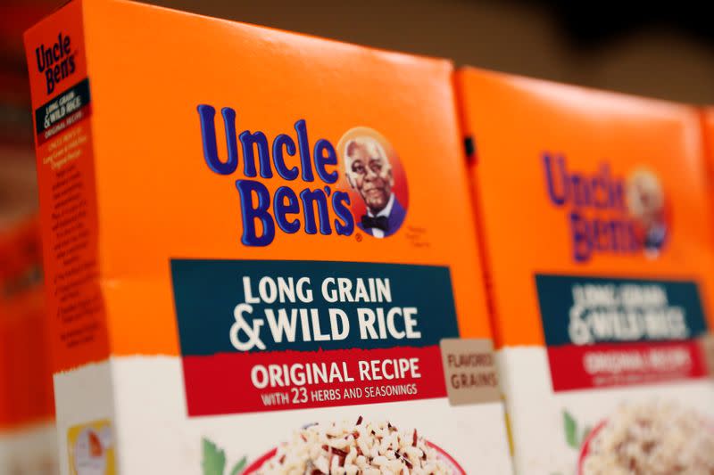 Boxes of Uncle Ben's branded rice stand on a store shelf inside of a shop in the Brooklyn borough of New York City