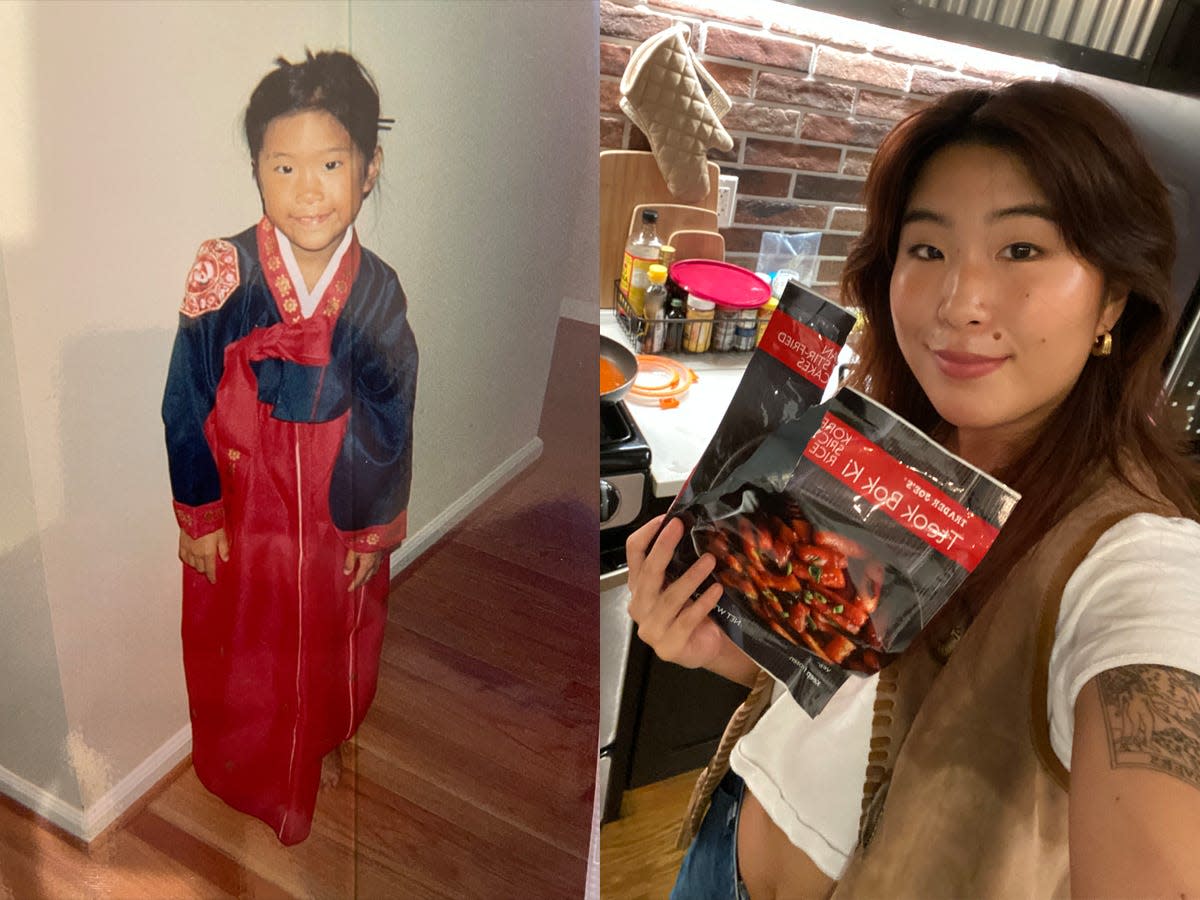 young rosa in traditional clothes next to rosa now with a bag of trader joes food