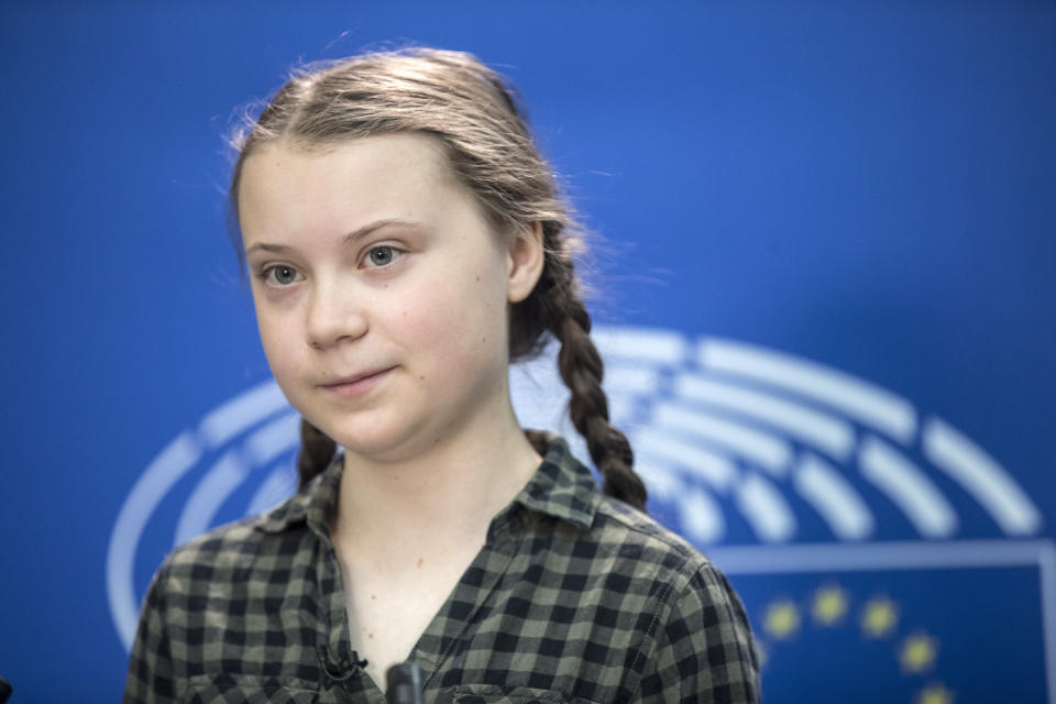 Swedish environmental activist Greta Thunberg speaks to the media at the European Parliament in Strasbourg, Eastern France, Tuesday April 16, 2019. (AP Photo/Jean-Francois Badias)