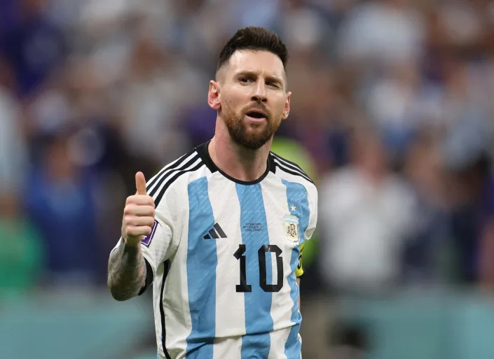 Lionel Messi of Argentina celebrates after scoring his teams second goal during the FIFA World Cup Qatar 2022 quarter final match between Netherlands and Argentina at Lusail Stadium.