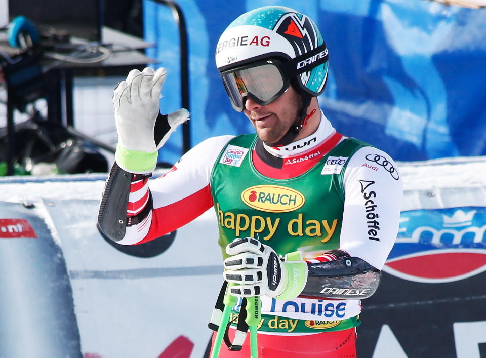 Vincent Kriechmayr, of Austria, reacts in the finish area at the men's World Cup super-G ski race at Lake Louise, Alberta, Sunday, Nov. 25, 2018. (Jeff McIntosh/The Canadian Press via AP)