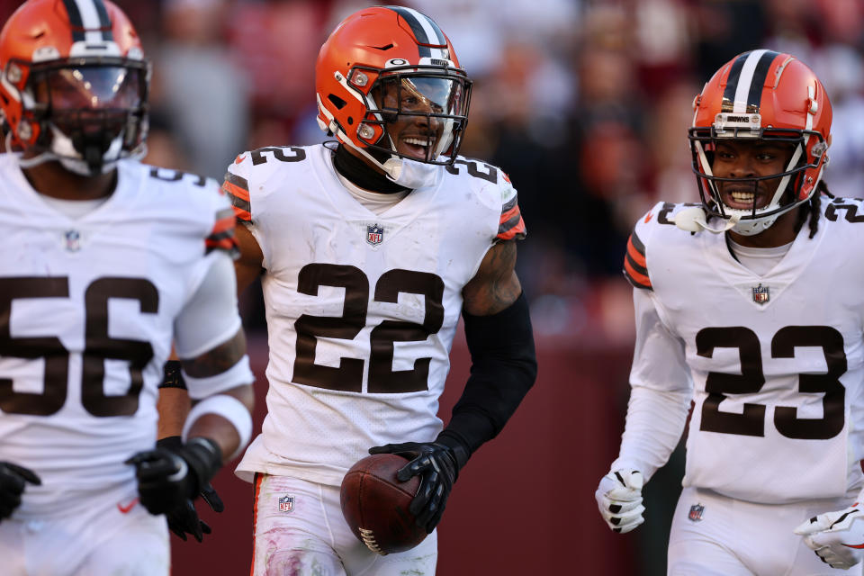 LANDOVER, MARYLAND - JANUARY 01: Grant Delpit #22 of the Cleveland Browns celebrates after an interception during the fourth quarter against the Washington Commanders at FedExField on January 01, 2023 in Landover, Maryland. (Photo by Scott Taetsch/Getty Images)