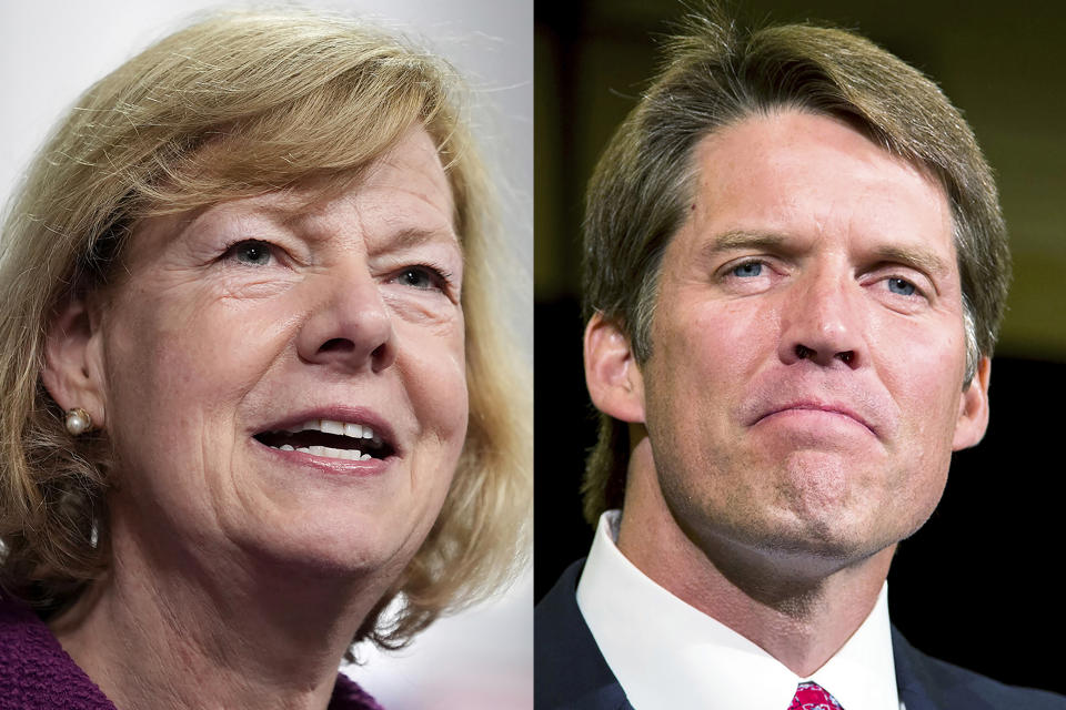 FILE - This combo image shows Sen. Tammy Baldwin, D-Wis., left, on Jan. 25, 2024, in Superior, Wis. and Eric Hovde, candidate for the U.S. Senate, on Aug. 14, 2012 in Peawaukee, Wis. The Wisconsin Senate race between Democratic Sen. Tammy Baldwin and Republican Eric Hovde is setting up as one of the most competitive and expensive Senate races in the country. (AP Photo/Alex Brandon/Tom Lynn, File)