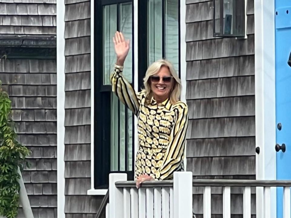 First lady Jill Biden greeted fans Friday in Provincetown. Biden was expected to speak during "A Summer Reception with Jill Biden," at the home of Bryan Rafanelli and his husband Mark Walsh, to benefit the Biden-Harris reelection campaign.