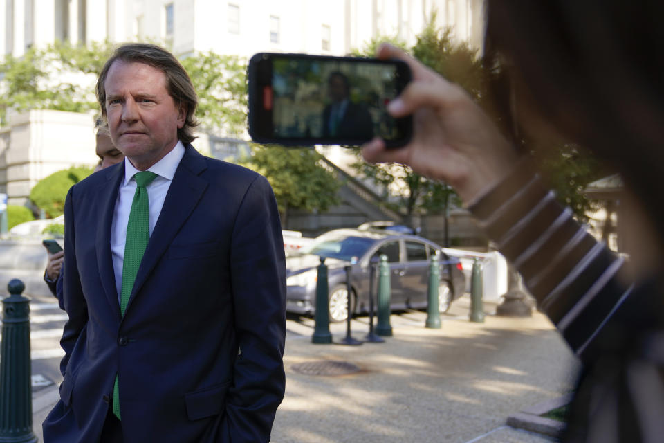 Former White House counsel Don McGahn departs after appearing for questioning behind closed doors by the House Judiciary Committee on Capitol Hill in Washington, Friday, June 4, 2021. (AP Photo/Patrick Semansky)