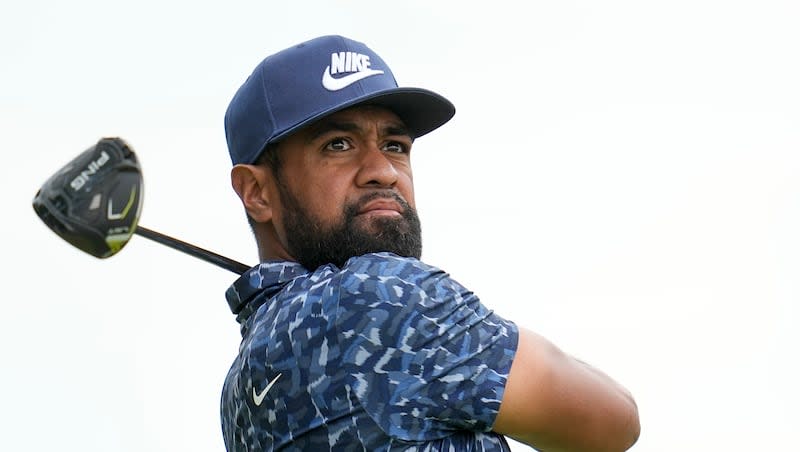 Tony Finau watches his tee shot on the fifth hole during the first round of the PGA Championship golf tournament at the Valhalla Golf Club, Thursday, May 16, 2024, in Louisville, Ky.