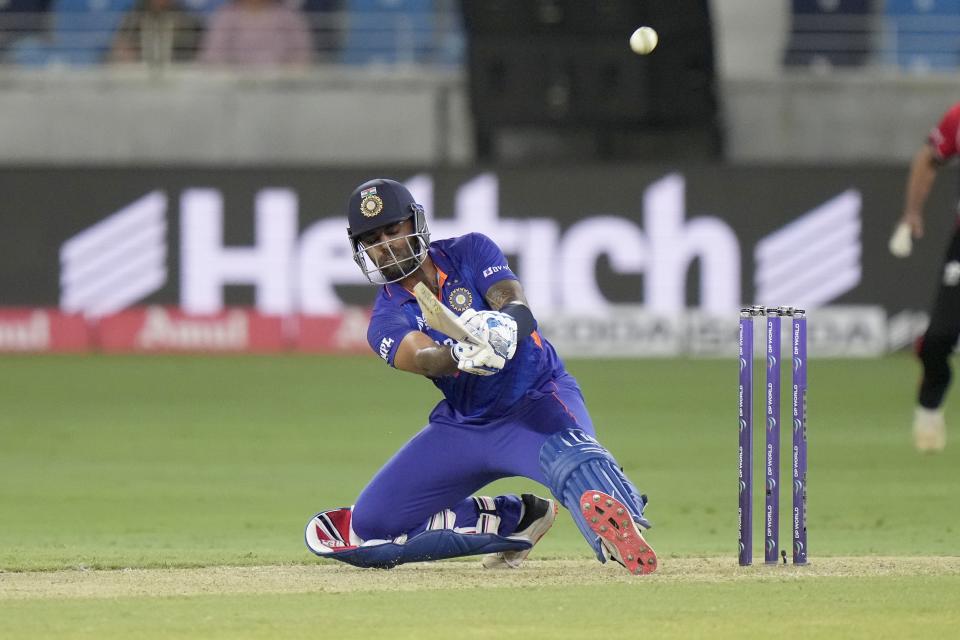 India's Suryakumar Yadav, plays a shot during the T20 cricket match of Asia Cup between India and Hong Kong, in Dubai, United Arab Emirates, Wednesday, Aug. 31, 2022. (AP Photo/Anjum Naveed)