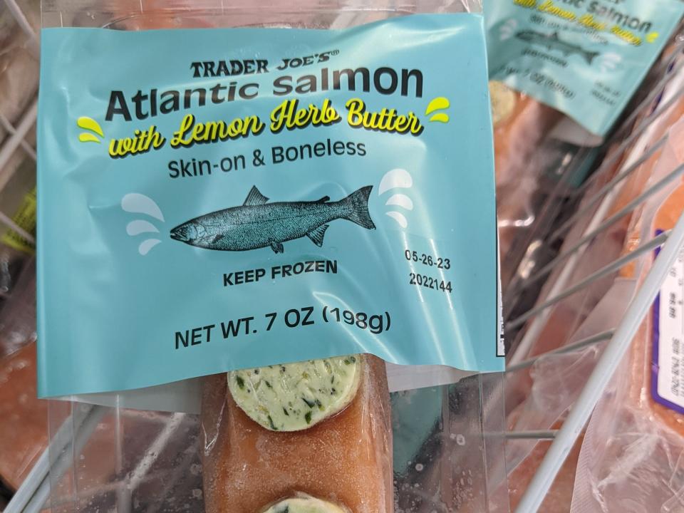 trader joe's frozen atlantic salmon with lemon herb butter int he freezer aisle