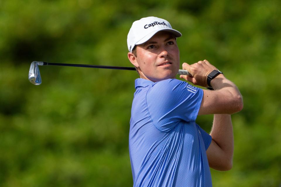 Ben Griffin hits his tee shot on the second hole during the final round of the Sony Open in Hawaii in January. In his first year on the PGA Tour, Griffin has climbed into the top 100 in the World Golf Ranking.