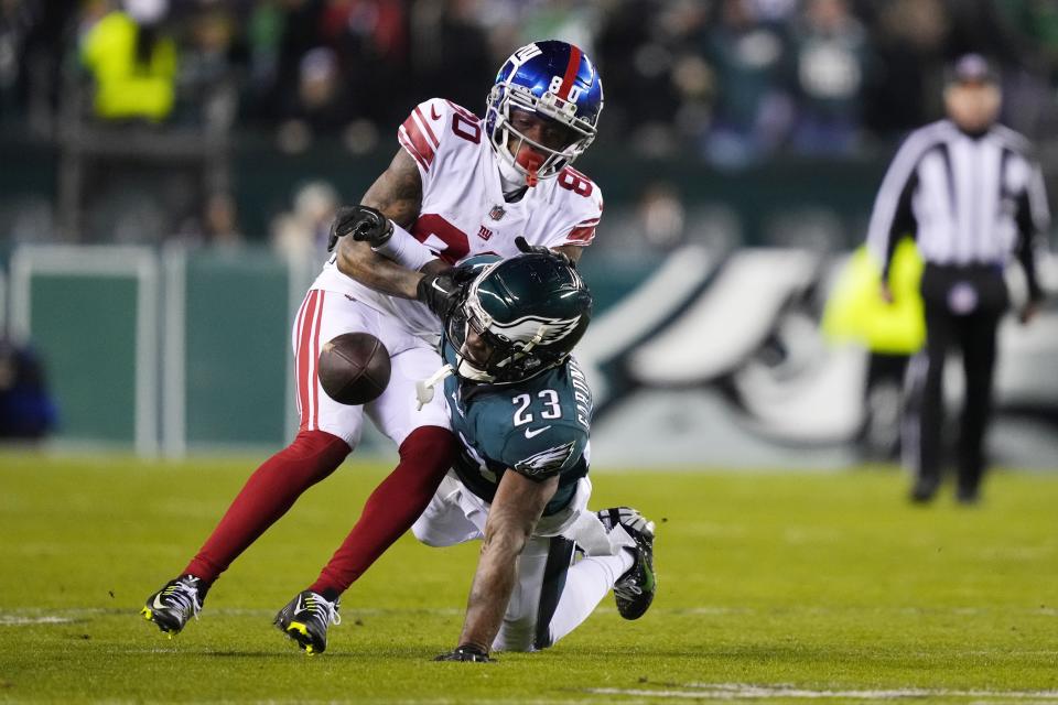 Philadelphia Eagles safety C.J. Gardner-Johnson (23) breaks up a pass intended for New York Giants wide receiver Richie James during the second half of an NFL divisional round playoff football game, Saturday, Jan. 21, 2023, in Philadelphia. The Eagles won 38-7. (AP Photo/Matt Rourke)