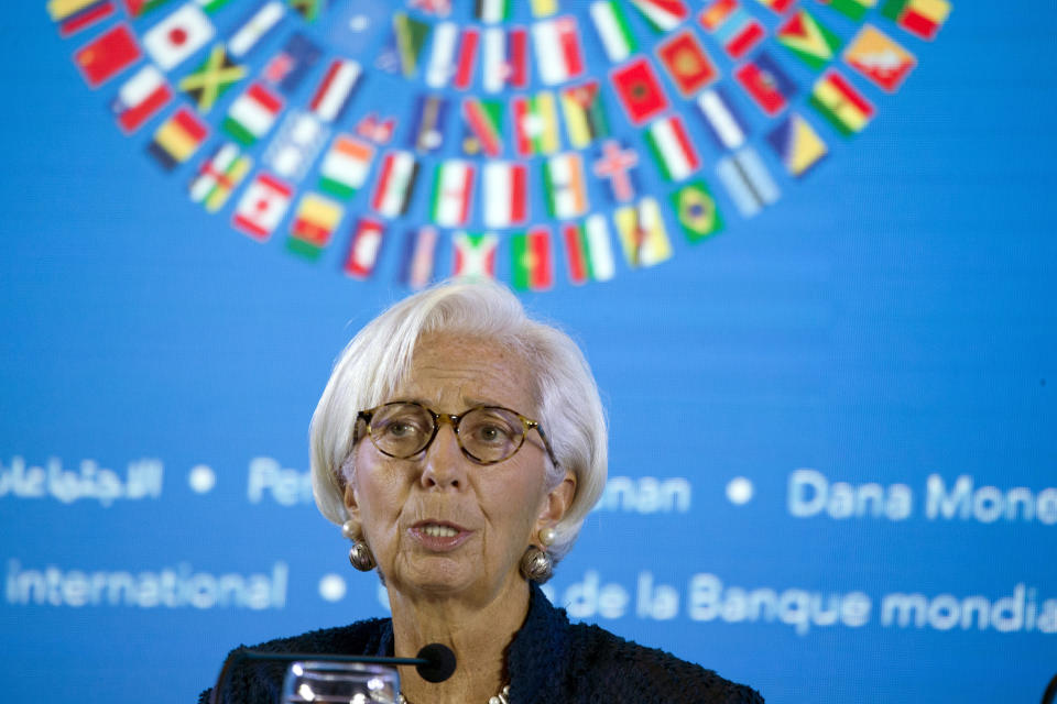 Managing Director of International Monetary Fund (IMF) Christine Lagarde talks during a press conference ahead of the annual meetings of the IMF and World Bank in Bali, Indonesia on Thursday, Oct. 11, 2018. (AP Photo/Firdia Lisnawati)