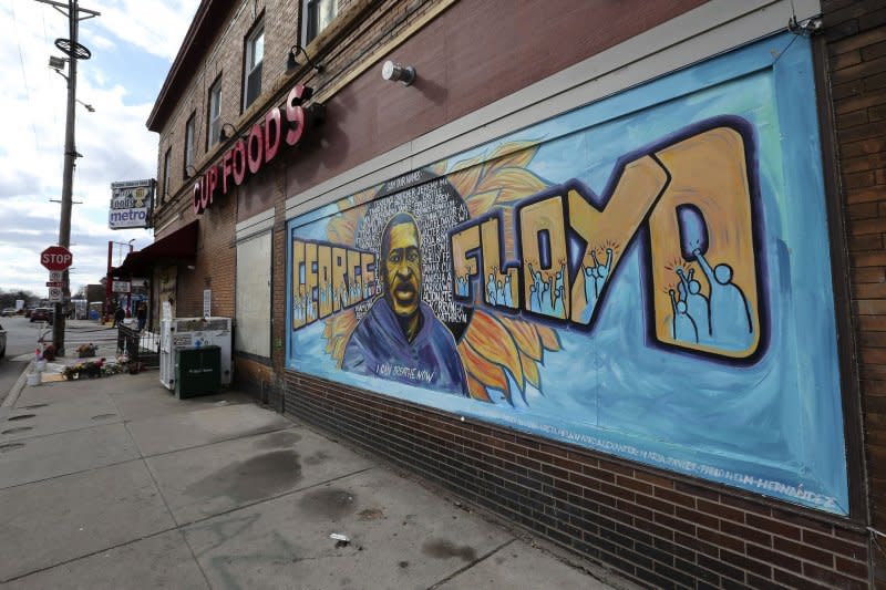 A mural depicts George Floyd at Chicago Avenue and 38th Street in Minneapolis. The last four police officers convicted in his death was sentenced Monday. File Photo by Aaron Joseczfyk/UPI