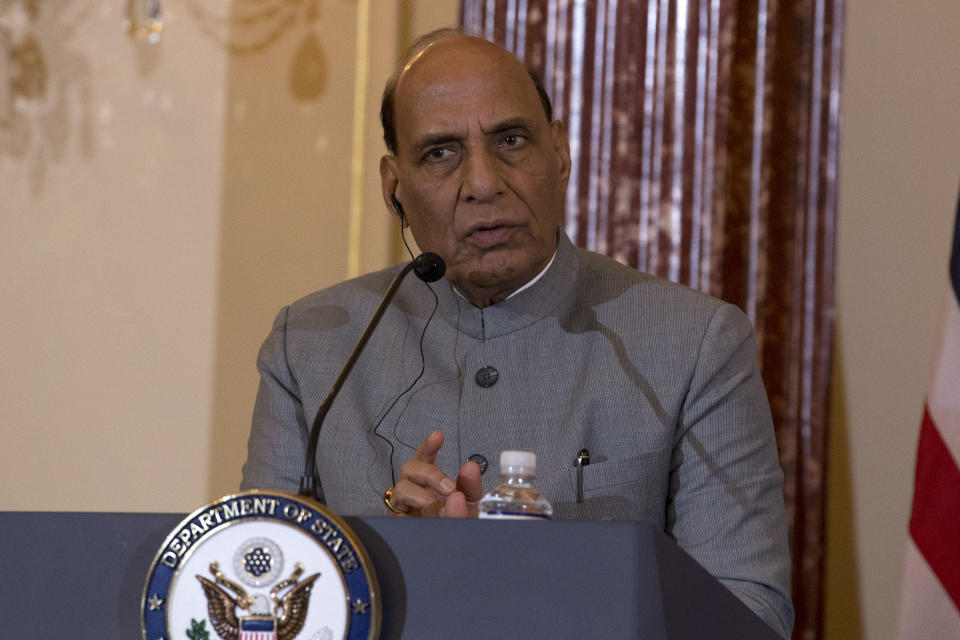 Indian Defense Minister Shri Rajnath Singh, speaks during a news conference after a bilateral meeting between the U.S. and India at the Department of State in Washington, Wednesday, Dec.18, 2019. (AP Photo/Jose Luis Magana)
