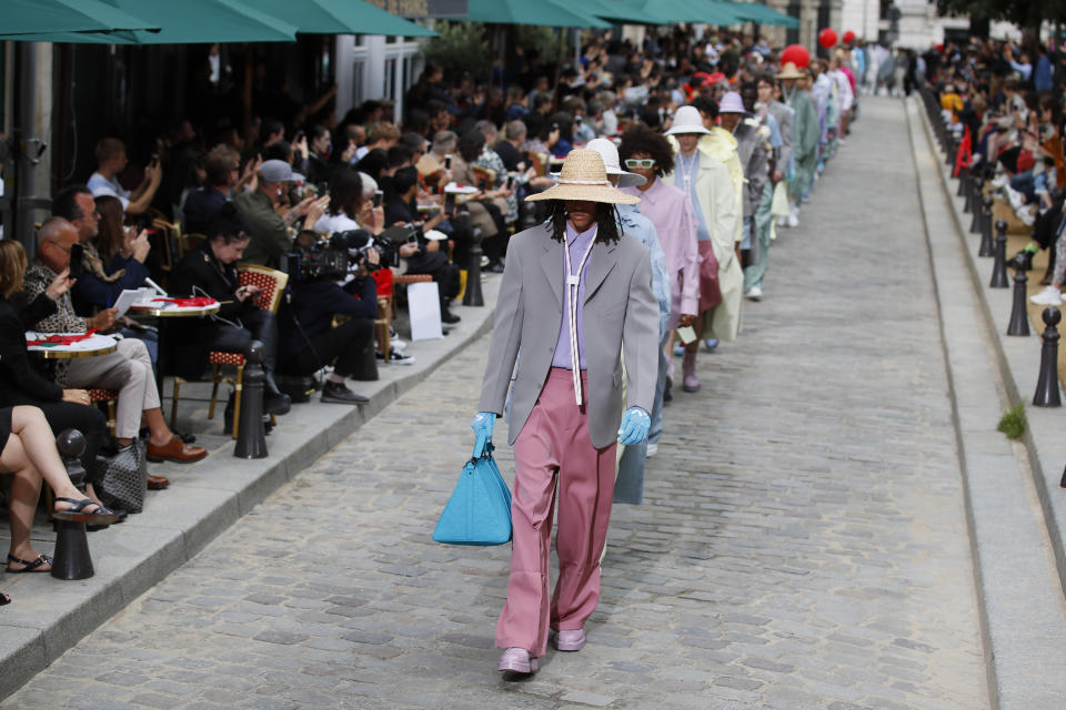 Models wear creations for the Vuitton mens Spring-Summer 2020 fashion collection presented in Paris, Thursday, June 20. (AP Photo/Francois Mori)