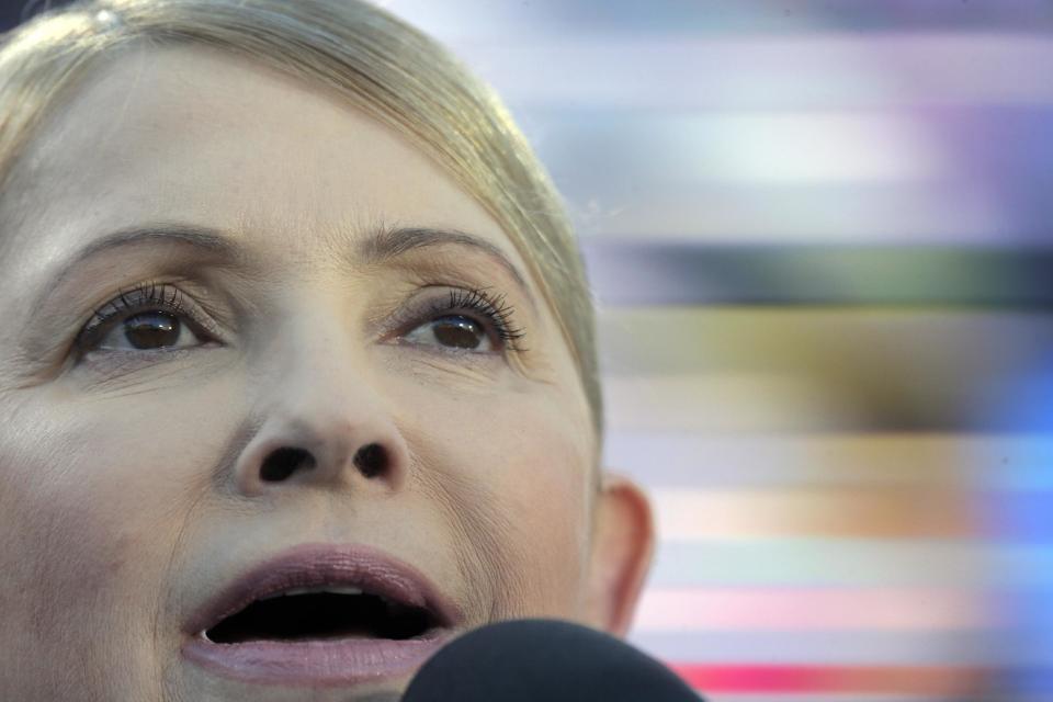 Former Ukrainian Prime Minister Yulia Tymoshenko, delivers her speech, during the Batkivshchina (Fatherland) party congress in Kiev, Ukraine, Saturday, March 29, 2014. Tymoshenko, declared this week that she will "be the candidate of Ukrainian unity." The May 25 election is taking place against the backdrop of the annexation of Crimea, Ukraine's dire economic straits and rumblings of discontent in the country's mainly Russian-speaking eastern provinces. (AP Photo/Efrem Lukatsky)