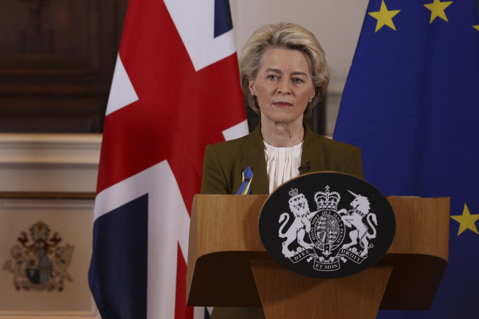 EU Commission President Ursula von der Leyen holds a joint press conference with Britain's Prime Minister Rishi Sunak at Windsor Guildhall, Windsor, England, Monday Feb. 27, 2023. The U.K. and the European Union ended years of wrangling and acrimony on Monday, sealing a deal to resolve their thorny post-Brexit trade dispute over Northern Ireland. (Dan Kitwood/Pool via AP)