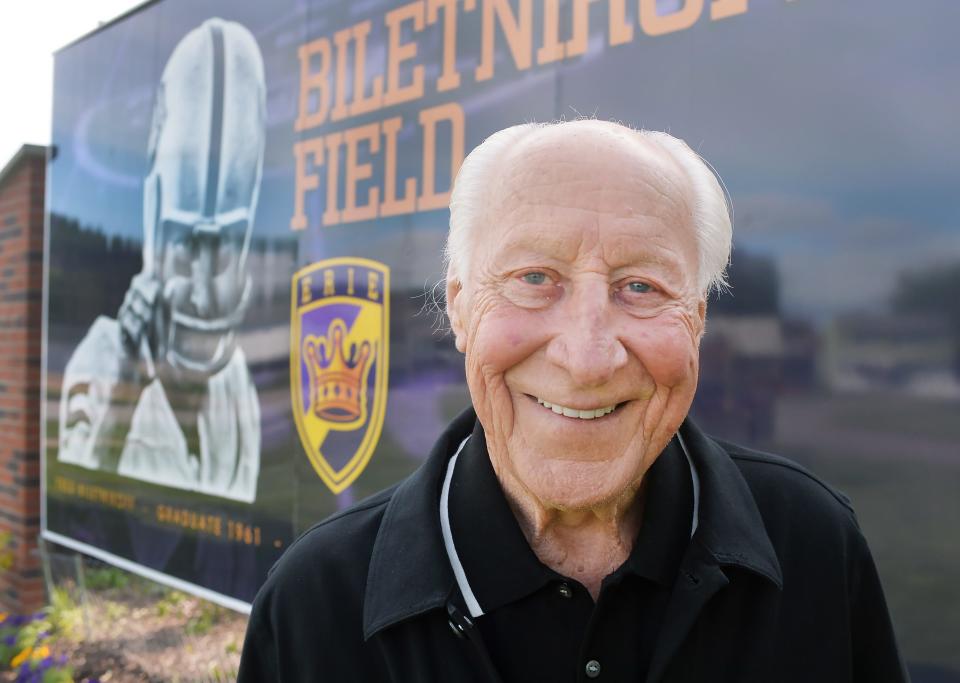 Fred Biletnikoff is shown prior to a dedication ceremony at Biletnikoff Field adjacent to Erie High School in Erie on May 25, 2023. Erie native and NFL Hall of Fame receiver Biletnikoff, 80, attended numerous events that weekend marking the field's dedication.