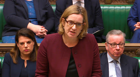 Britain's Home Secretary Amber Rudd answers an urgent question on the treatment of members of the Windrush generation and their families in the House of Commons, in London, April 26, 2018. Parliament TV handout via REUTERS