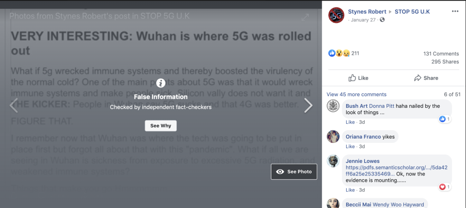 This post claiming that 5G could be the reason for the outbreak has been taken down because "the information are factually inaccurate". (Stynes Robert/Facebook)