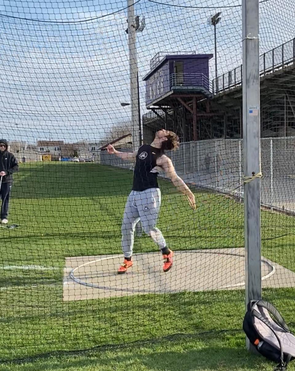 Harlem's Riley Lundgren lets loose on a discus throw during a recent meet at Harlem High School in Machesney Park.