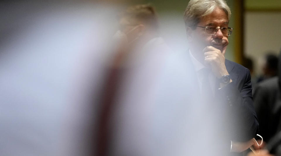 European Commissioner for Economy Paolo Gentiloni attends a meeting of eurogroup finance ministers at the European Council building in Brussels on Monday, July 12, 2021. (AP Photo/Virginia Mayo)