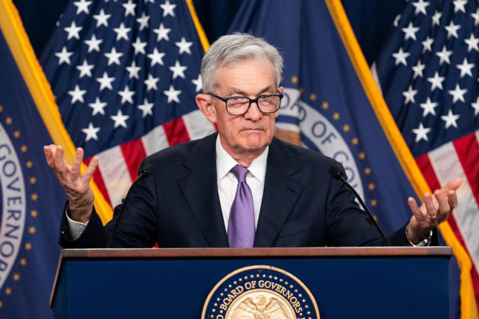 US Federal Reserve Chairman Jerome Powell attends a news conference in Washington, DC, US, on December 13, 2023. The US Federal Reserve on Wednesday left interest rates unchanged at a 22-year high of 5.25 percent to 5.5 percent as inflation takes a hit. The bank continued to slow, signaling the end of its rate hike cycle and the possibility of rate cuts next year.  (Photo by Liu Jie/Xinhua via Getty Images)