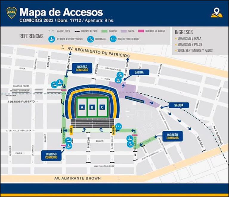 El mapa que publicó Boca para que los socios puedan identificar los accesos a la Bombonera