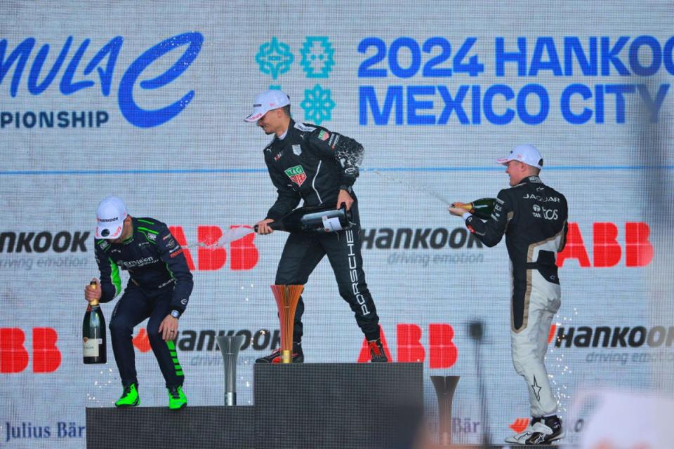 Porsche’s Pascal Wehrlein tops the podium after winning in Mexico City (Getty Images)