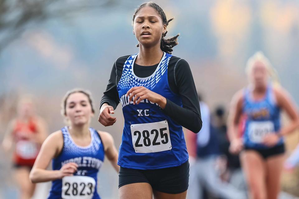 Female athletes, participate in division one race at the DIAA Cross Country Championships Saturday, Nov. 11, 2023; at Brandywine Creek State Park in Wilmington, DE.