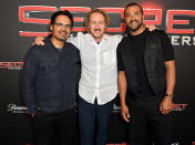 <p>Michael Peña, Owen Wilson and Jesse Williams get together at the Paramount+ <em>Secret Headquarters</em> premiere at the Signature Theater in N.Y.C. on Aug. 8.</p>