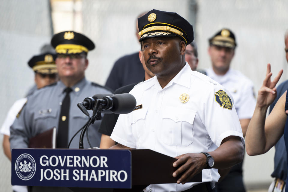 Philadelphia Fire Department Deputy Commissioner Jeffrey Thompson speaks during a news conference following the collapse of an elevated section of Interstate 95 after a tanker truck caught fire, Sunday, June 11, 2023, in Philadelphia. (AP Photo/Joe Lamberti)