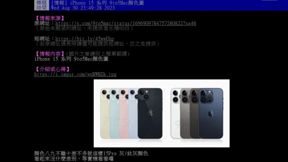 近期iPhone15系列將推出，引起民眾討論新款手機配色。（圖／翻攝自PTT）