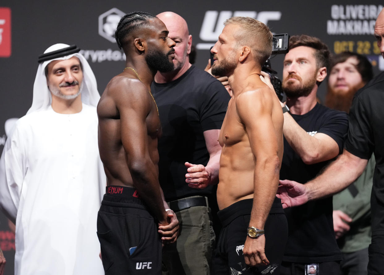 ABU DHABI, UNITED ARAB EMIRATES - OCTOBER 21: (L-R) Opponents Aljamain Sterling and TJ Dillashaw face off during the UFC 280 ceremonial weigh-in at Etihad Arena on October 21, 2022 in Abu Dhabi, United Arab Emirates. (Photo by Chris Unger/Zuffa LLC)