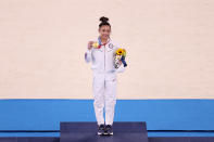 <p>TOKYO, JAPAN - JULY 29: Sunisa Lee of Team United States poses with her gold medal after winning the Women's All-Around Final on day six of the Tokyo 2020 Olympic Games at Ariake Gymnastics Centre on July 29, 2021 in Tokyo, Japan. (Photo by Laurence Griffiths/Getty Images)</p> 