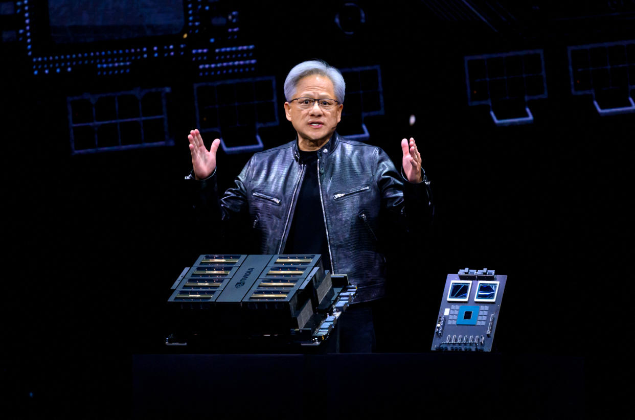 NVIDIA's founder and CEO Jensen Huang speaks during the annual Nvidia GTC Artificial Intelligence Conference at SAP Center in San Jose, California, on March 18, 2024. (Photo by JOSH EDELSON / AFP) (Photo by JOSH EDELSON/AFP via Getty Images)