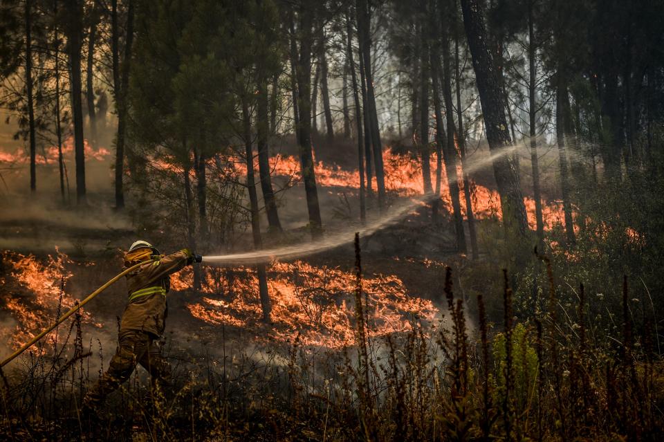 A firefighter tries to extinguish a wildfire in the village of Casais de Sao Bento in Macao in central Portugal on July 22, 2019. (Photo: Patricia De Melo Moreira/AFP/Getty Images)